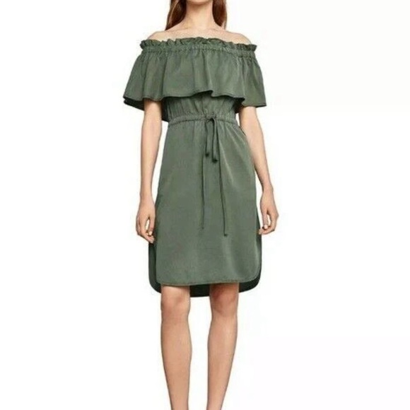 BCBGMAXAZRIA Evangelie off the shoulder dress in dusty olive size S - Picture 3 of 9